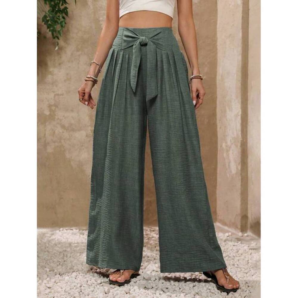 Louniche Vacation Casual Solid Color Tie Waist Wide Leg Pants Fall Cloth For Wom